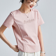 修嫻（soossn）時(shí)尚字母刺繡液氨短袖T恤2025新款正肩高品質(zhì)絲光棉體恤百搭上衣 優(yōu)雅粉 M