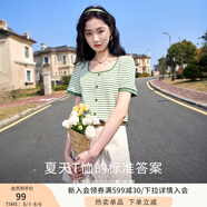 香影條紋t恤女短袖2025夏裝新款顯瘦寬松正肩泡泡袖紅色方領(lǐng)上衣 綠色 X832171 M