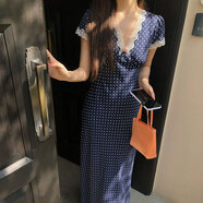 沐霓 復古V領(lǐng)連衣裙 女氣質(zhì)收腰顯瘦減齡法式蕾絲設計感小眾長(cháng)裙子 法式波點(diǎn)連衣裙 S