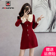 AEMAPE連衣裙女裝秋季2025春秋冬新款娃娃領(lǐng)長(zhǎng)袖裙子女小個(gè)子高腰減齡 MX-A266_紅色 L