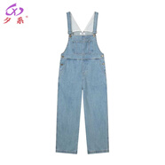 夕系牛仔背帶褲女牛仔褲2024新款闊腿褲背帶褲顯瘦拖地褲網(wǎng)紅高腰寬松 淺藍(lán)色 XS