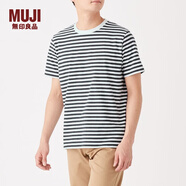 無印良品 MUJI 男式 印度棉天竺編織 條紋短袖T恤 M9SB235 深海軍藍(lán)X橫條 M