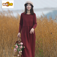 初徑秋季新款慵懶風(fēng)棉質(zhì)中長(cháng)款裙子文藝長(cháng)袖打底連衣裙冬季 朱顏紅衛衣連衣裙 XL