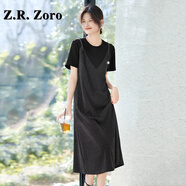 Z.R.Zoro輕奢品牌連衣裙女2025夏季新款寬松顯瘦舒適拼接假兩件T恤長裙女 黑色 S
