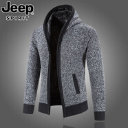 JEEP SPIRIT2025秋冬加絨加厚連帽毛衣外套男士歐美流行撞色針織開(kāi)衫帥氣夾克 深灰色 M