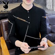 花花公子（PLAYBOY）2025年春秋長(cháng)袖t恤男士polo衫男裝立領(lǐng)純棉潮流休閑百搭青年體恤 黑色 2XL