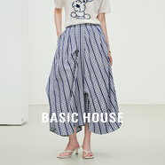 Basic House/百家好格紋高腰不規則半身裙女夏季新款大裙擺中長(cháng)裙 藍格 L