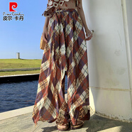 皮爾卡丹（pierre cardin）海邊穿搭套裝泰國三亞度假沙灘裙褲波西米亞長(cháng)褲雪紡闊腿褲一整套 咖色菱形 單褲子 S