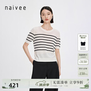 納薇（naivee）商場同款新款法式條紋蕾絲圓領(lǐng)薄針織短袖上衣T恤女 藏青 M 160/84A