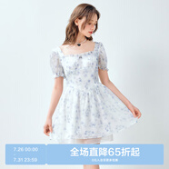 樂町方領(lǐng)淺藍(lán)色流光公主裙度假打卡高腰泡泡袖公主裙 藍(lán)印花（現(xiàn)貨） M