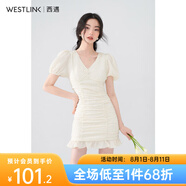 西遇V領(lǐng)泡泡袖連衣裙女2024年早夏新款法式褶皺收腰修身包臀裙子 黃色 XL