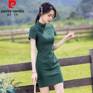 皮爾卡丹（pierre cardin）墨綠色旗袍女新款年輕款少女改良新中式日常小個(gè)子高端夏季短款 聲聲慢 L