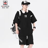 AEMAPE冰絲涼感短袖t恤男夏季五分袖休閑運(yùn)動(dòng)套裝男青少年體恤衫兩件套T TZJC32黑色套裝 XL 約130~145斤可穿