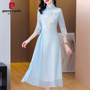 皮爾卡丹（pierre cardin）改良旗袍氣質(zhì)七分袖女2025夏季新款中國風(fēng)中年媽媽雪紡連衣裙 藍(lán)色 S (85-94斤)