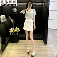 芭芬薇薇洋氣減齡休閑套裝女夏季顯瘦時(shí)尚小個(gè)子短袖上衣半身裙短裙兩件套 杏色兩件套 S