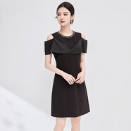 夏季南油重工釘鉆名媛氣質(zhì)優(yōu)雅女人露肩連衣裙女裝新 黑色 L