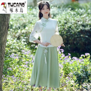 啄木鳥新中式漢元素禪意茶服旗袍兩件套改良漢服女文藝國風(fēng)仙氣上衣套裝 白色上衣+綠色裙子【兩/件套】 XL 建議110-120斤