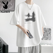 花花公子300G重磅純棉短袖T恤男夏季小眾設計感半袖情侶寬松體恤大碼潮流 白色 S 【建議90-105斤】