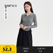 三福毛衣2024秋季側邊抽繩V字翻領(lǐng)毛針織衫上衣女裝490531 淺花灰 S
