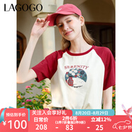 lagogo卡通印花撞色T恤女拉谷谷春季新款純棉透氣插肩短袖上衣 米紅(TH) M