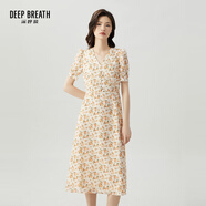 深呼吸DEEP BREATH女裝V領中長高腰泡泡袖收腰碎花連衣裙A500197 杏-黃花 M (3碼)