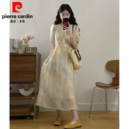 皮爾卡丹（PIERRE CARDIN）黃色扎染連衣裙V領(lǐng)正肩連衣裙女2025夏季新款大d碼胖mm雪紡長(zhǎng)裙 暈染黃連衣裙 2XL (140-160斤)
