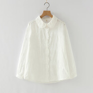 日系森女系 重工刺繡蕾絲花邊女士長(cháng)袖襯衫 提花翻領(lǐng)襯衣開(kāi)衫上衣 白色 L