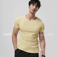 續(xù)點 短袖t恤男圓領(lǐng)夏修身健身緊身運動韓版休閑棉質(zhì)純色打底彈力汗衫 熒光黃 升級精梳棉 L 碼108-126斤左右修身版型
