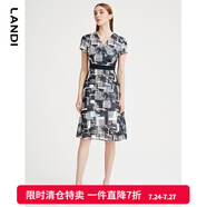 LANDI秋季新款V領(lǐng)藝術(shù)印花短袖收腰中長(zhǎng)款連衣裙女裙子 藏青色 S