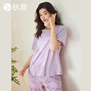 秋鹿睡衣女純棉25夏短袖七分褲圓領(lǐng)印花短袖家居服套裝灰紫/兔子  XL
