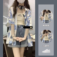 詩蒂淑三件套夏季鹽系ins寬松百搭短袖上衣中長襯衫吊帶牛仔短褲套裝 【三件套】襯衫+吊帶+牛仔短褲 M 建議【85-100斤c