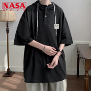 NASA XVVX連帽五分袖t恤男夏季潮流大碼短袖新款男裝寬松休閑半袖體恤 黑色 5XL