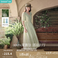 茵曼（INMAN）法式薄荷曼波連衣裙2024夏女裝新品V領(lǐng)燈籠袖抽繩 水沫綠 XL