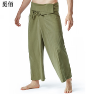 覓佰泰國云南傣族民族風(fēng)綁帶寬松闊腿褲裙褲男女加大碼休閑褲紙布袋褲 軍綠色 均碼