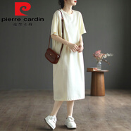 皮爾卡丹（pierre cardin）歐高端女裝時尚氣質通勤中長裙純棉寬松口袋T恤連衣裙 米白色 純色款今年流行的輕奢品 XL 建議130-145斤