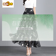 初徑2025新款夏季中國(guó)風(fēng)印花雪紡半身裙氣質(zhì)高腰A字裙復(fù)古大 黑底白梅花 S 1.8--1.9尺