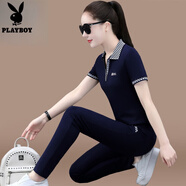 花花公子（PLAYBOY）時(shí)尚女裝短袖T恤長(cháng)褲運動(dòng)套裝女士夏天新款大碼洋氣polo衫休閑裝 寶藍色 4XL【建議145-160斤】