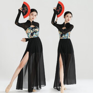 黛希禧古典舞蹈服裝飄逸中國(guó)舞獨(dú)特修身韻紗仙氣旗袍舞蹈裙鏤空 黑色 分體旗袍兩件 S