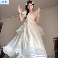 事思白月光夏季新款千金短袖蕾絲網(wǎng)紗連衣裙女溫柔超仙蛋糕蓬蓬裙長(zhǎng)裙 白月光連衣裙 S
