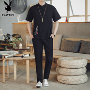 花花公子（PLAYBOY）夏季新款棉麻男套裝亞麻短袖t恤休閑半袖唐裝漢服體恤中國風(fēng)服飾V 1313黑色【短袖+長褲】 M (90~105斤)