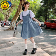 G. DUCKKIDS女童夏裝連衣裙夏季兒童裙子2025新款韓版洋氣中大童裝女孩牛仔裙 藍色 泡泡袖上衣+牛仔背帶裙 160 cm