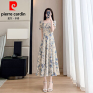 皮爾卡丹（pierre cardin）法式方領藍色雪紡碎花連衣裙女夏季2025新款高腰收腰顯瘦字裙子 碎花 M 建議100-110斤