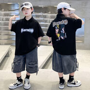 LaviLAVI男童套裝2025新款夏裝夏款大男孩潮牌polo衫短袖兒童牛仔短褲 黑色套裝 120 cm
