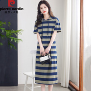皮爾卡丹（pierre cardin）連帽棉質(zhì)連衣裙女短袖寬松休閑帶帽衛(wèi)衣裙長(zhǎng)款過(guò)膝條紋t恤裙 109款青綠 S 90-100斤