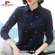 皮爾卡丹長(cháng)袖T恤女純棉媽媽裝上衣春季新款寬松中老年polo衫女長(cháng)袖T恤 藍色 2XL 建議115-130斤