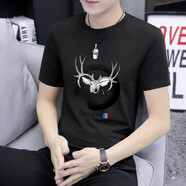 森馬（Semir）夏天純棉短袖t恤男薄款修身圓領(lǐng)休閑體恤衫潮流百搭青年男裝小衫 黑色(梅花鹿) 不起球 不變形 均碼 可聯(lián)系客服尺碼