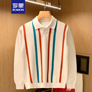 羅蒙（ROMON）韓版高端男裝上衣時(shí)尚翻領(lǐng)針織衫豎條紋拼色輕熟毛衣男士polo長(cháng)袖 白色 XL 145-155斤