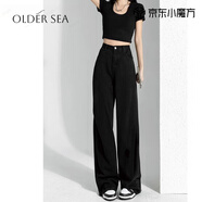 OLDER SEA黑色窄版闊腿牛仔褲女夏季2025新款高腰顯瘦寬松直筒褲子女 黑色 M