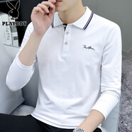 花花公子（PLAYBOY）翻領(lǐng)polo.衫長袖T恤薄款春秋季男裝純棉商務(wù)上衣有帶領(lǐng)子青年體恤 白色 S5010 M 帥氣新款
