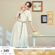 兩三事梵高文藝 美學(xué)漣漪 2025夏季新款印花貼布繡綁帶翻領(lǐng)連衣裙 杏色 S